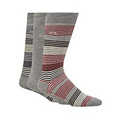 Designer pack of three grey cotton blend striped socks